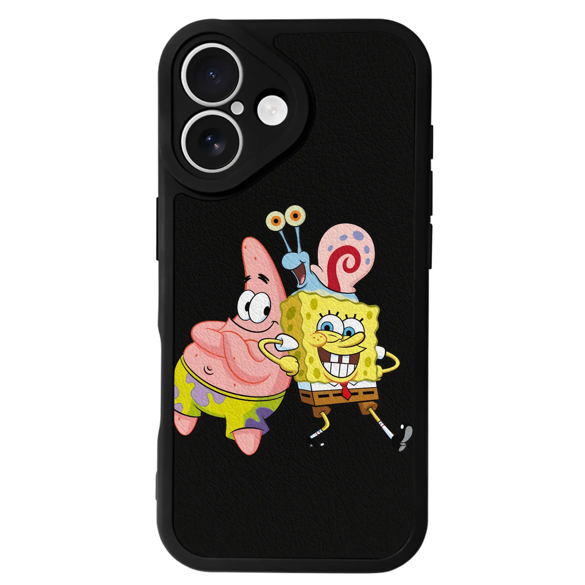 スポンジボブ グッズ カタツムリさん - IPhone 16シリーズ対応 ・ シリコンスマホケース ・ レザー調 ・ 高精度フィット ・ 耐衝撃 ・ ワイヤレス充電対応 ・ 精密カット